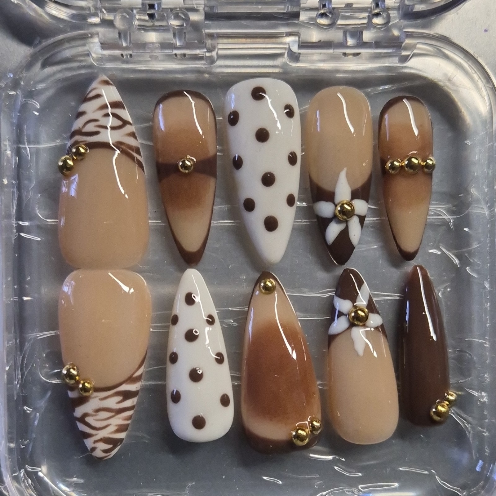 Brown Beige White 3D Stiletto Almond Press-On Nails Set Polka Dot Floral Animal