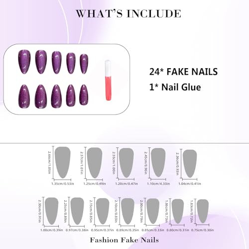 Purple Press on Nails Medium Almond Fake Nails Cat Eye R-06Purple Cat Eye