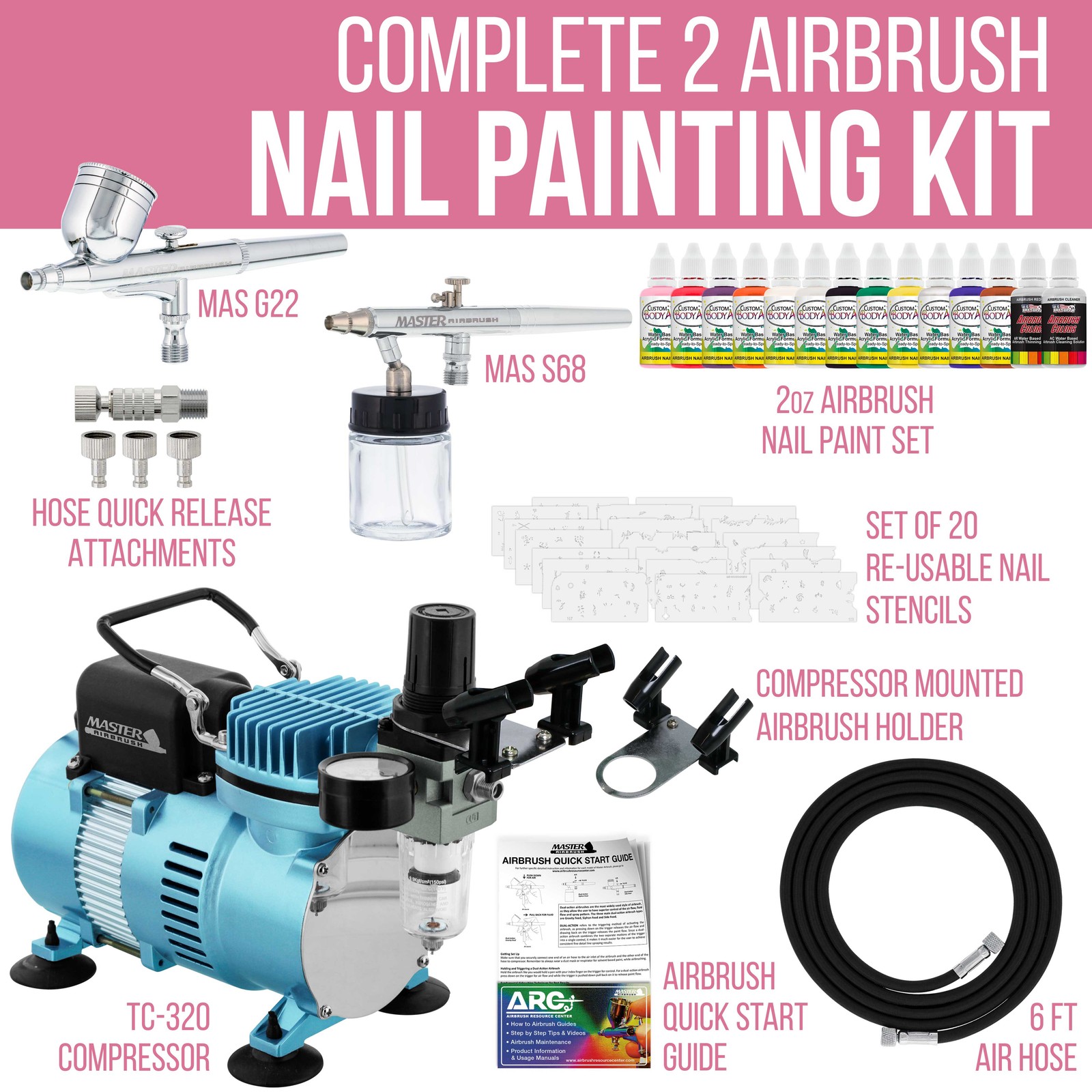 2 AIRBRUSH NAIL SYSTEM KIT w/ 6 Paint Color Set, Air Compressor Nail Art Stencil