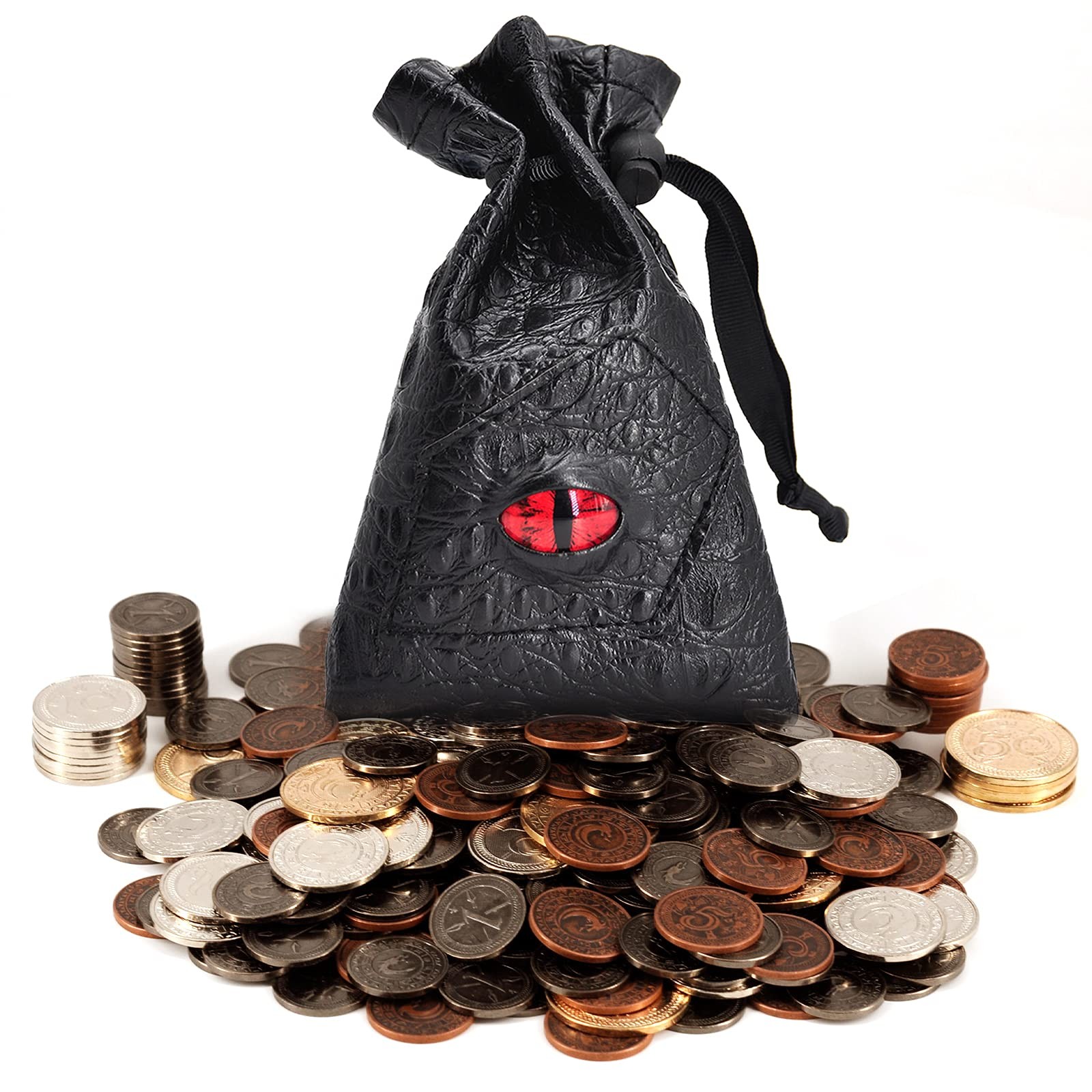 DND Metal Coins Set of 60 with Leather Pouch – Gaming Tokens, Pirate 30mm