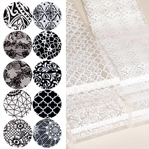 20 Rolls Black White Lace Nail Art Foil Transfer Sticker Kit Flower Foil
