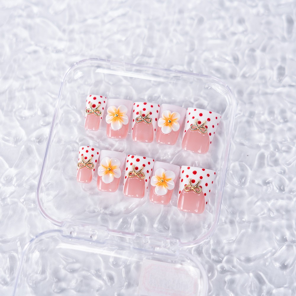10pcs Handmade Nails, Yellow White Ombre w/ 3D Flowers, Red Polka Dot, Chic