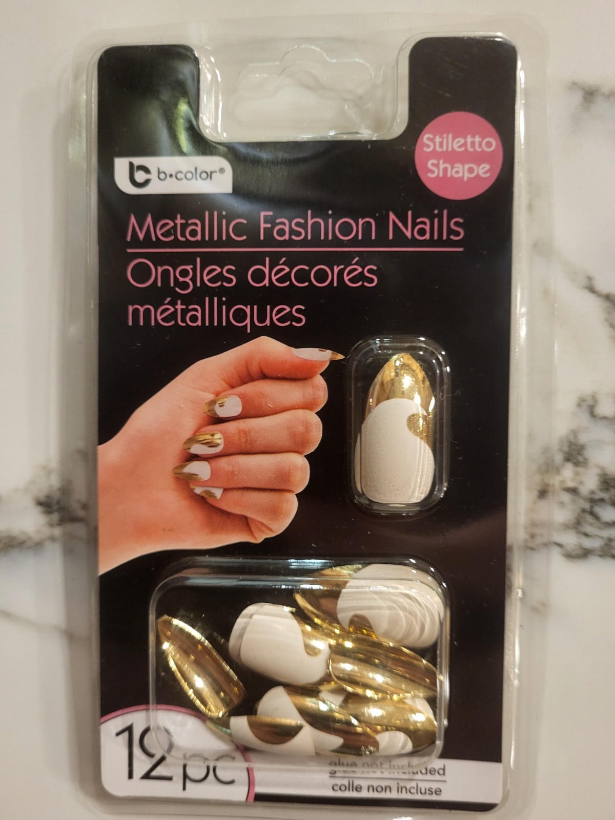 b-color Press-On Nails Stiletto Metallic Gold/White Pre-Designed 12 pc