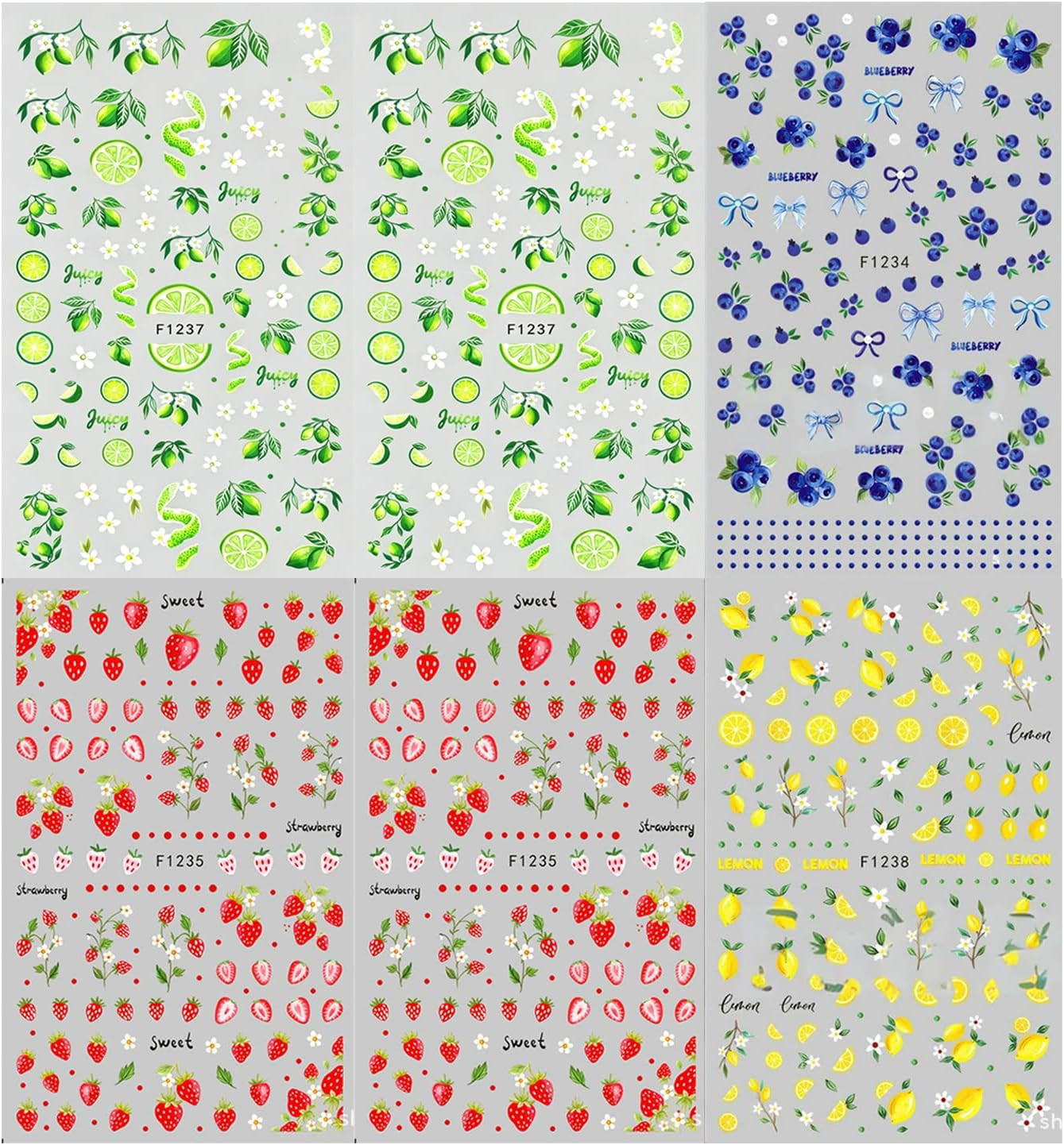 Summer Fruit Nail Art Stickers Strawberry Blueberry Nail Art Decals 3D 6Sheets L