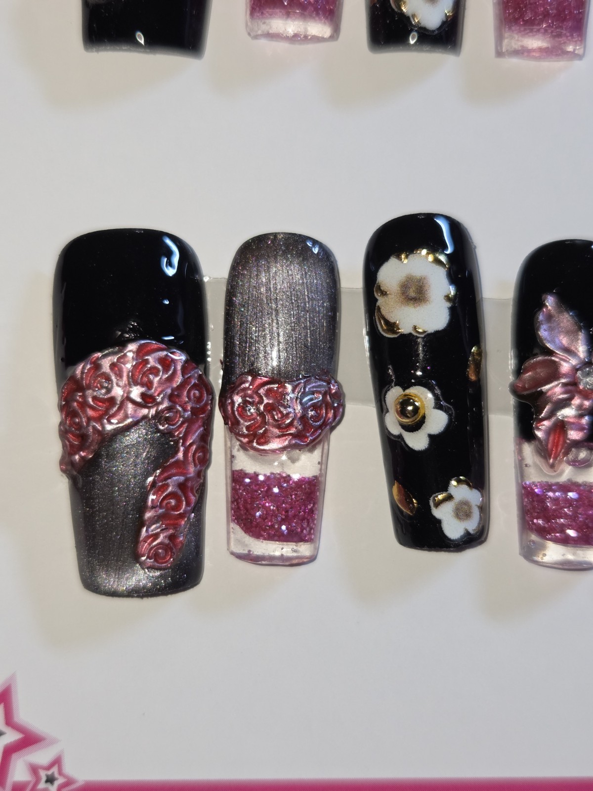 Press On Nails Handmade Medium Hot pink black hot pink water nails