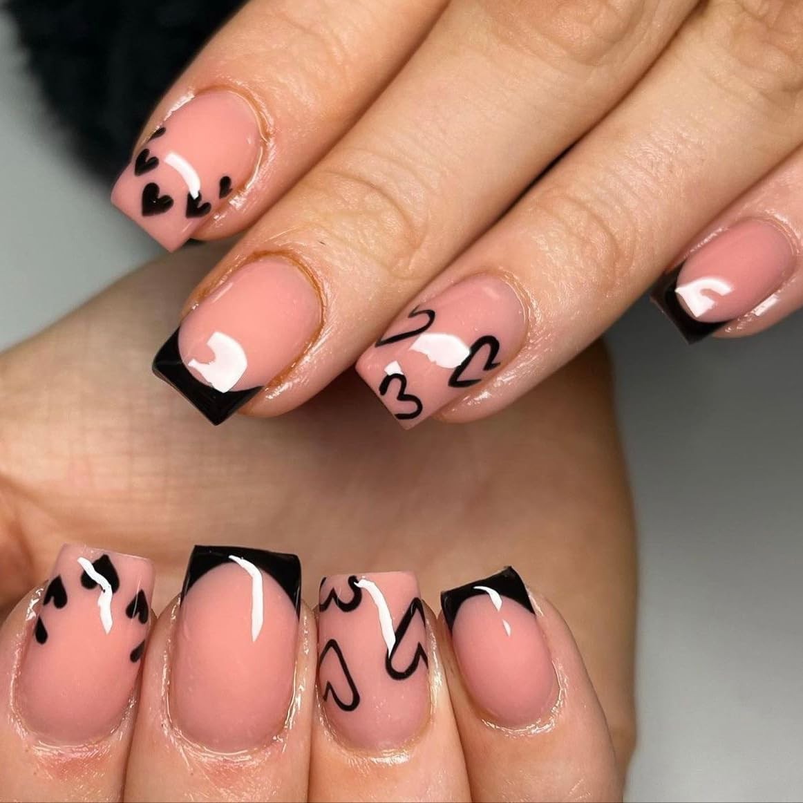 Valentines Black French Tip Press on Nails Short Square Fake Nails with Black…