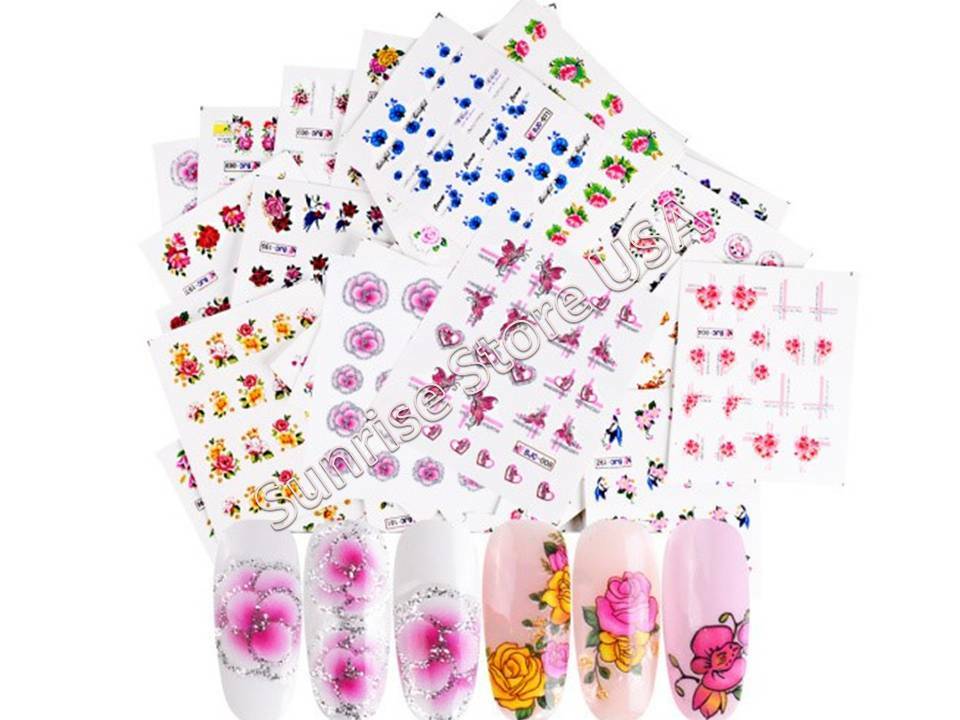 Nail Art Water Transfer Sticker Glitter Flower Floral Decals Manicure
