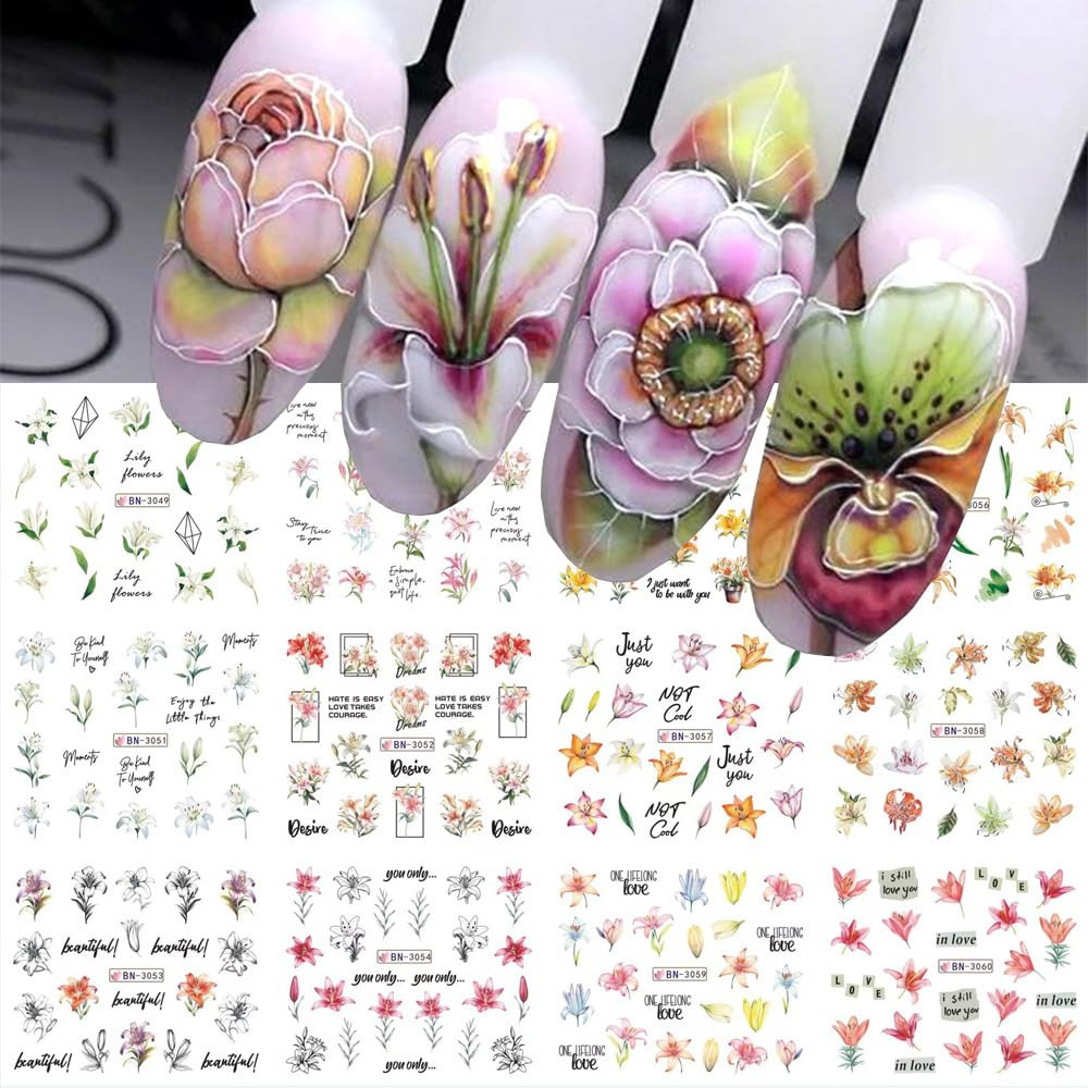12 Sheets Lily Flower Nail Stickers Water Transfer Floral Nail Art Decals