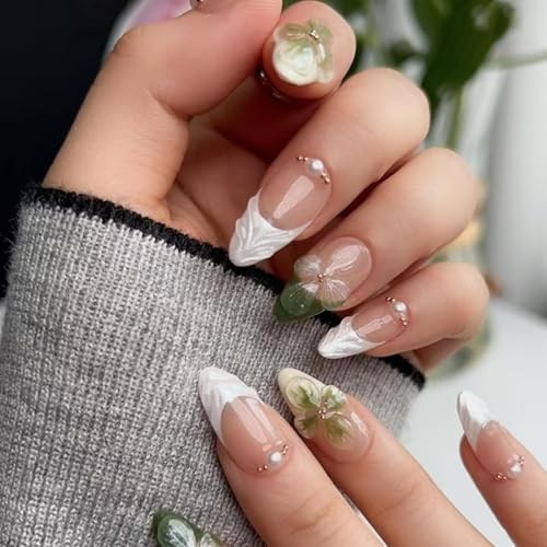 Flower Press on Nails Green Fake Nails Medium 0.04 Fl Oz (Pack of 24) MH19