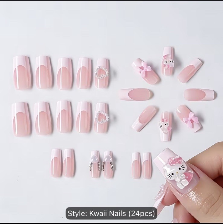 24pcs Pink White French Tip Press on Nails- Sanrio Hello Kitty,heart, Pearls