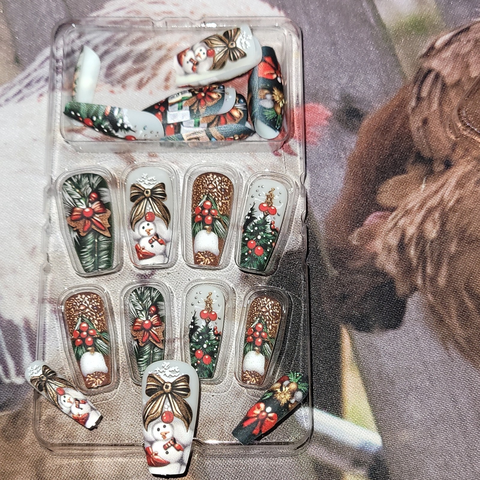 Pre-Designed Press-On Nails Long Coffin Glitter Christmas Green White Red