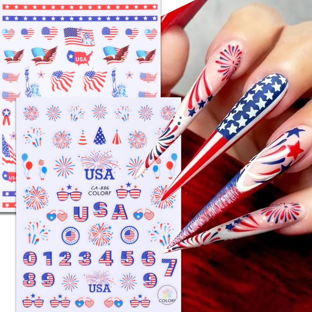 10 Sheets 4th of July Nail Art Stickers Patriotic Nail Decals 3D Self Modern