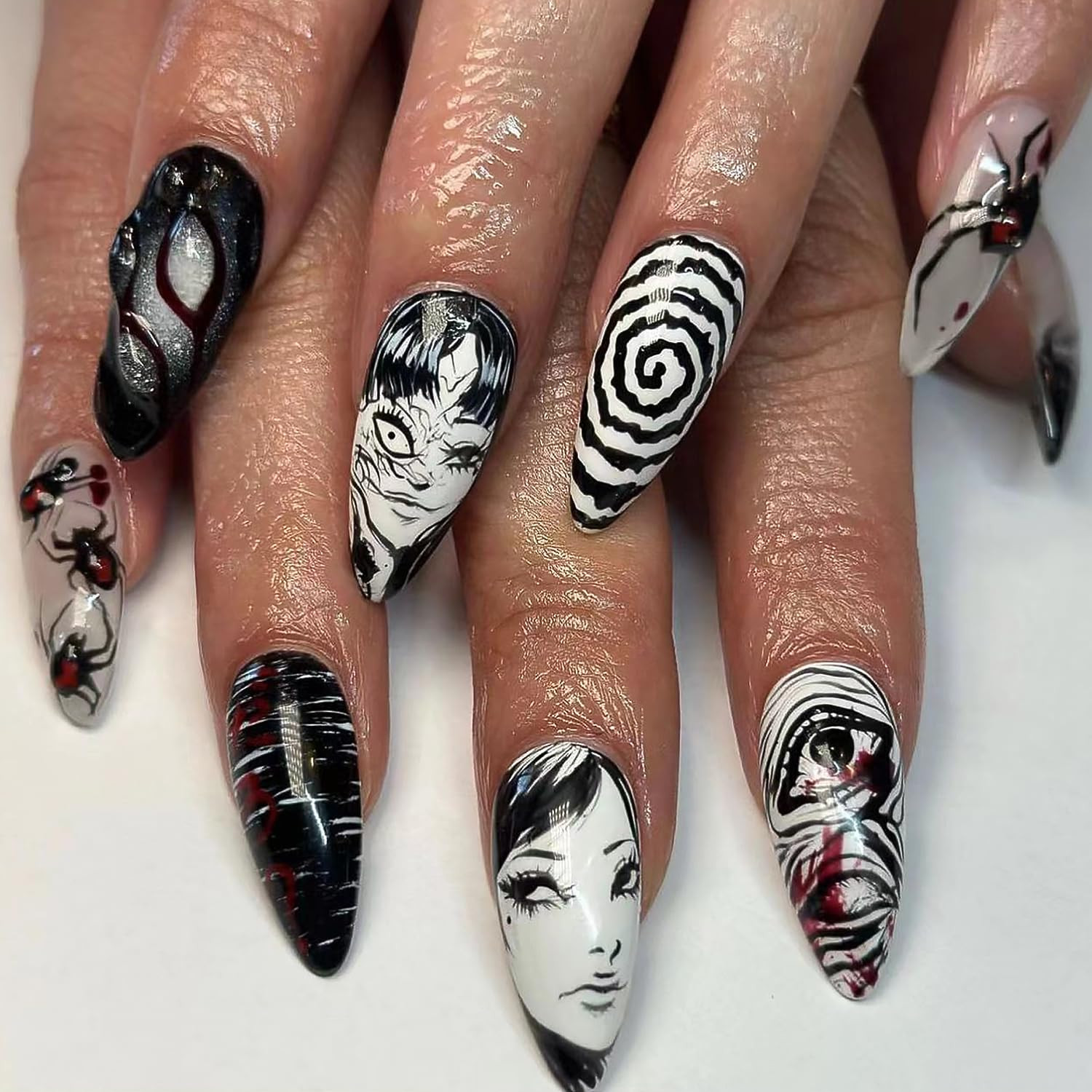 24Pcs Medium Press on Almond Fake Nails – Punk Cartoon Anime Design, Black White