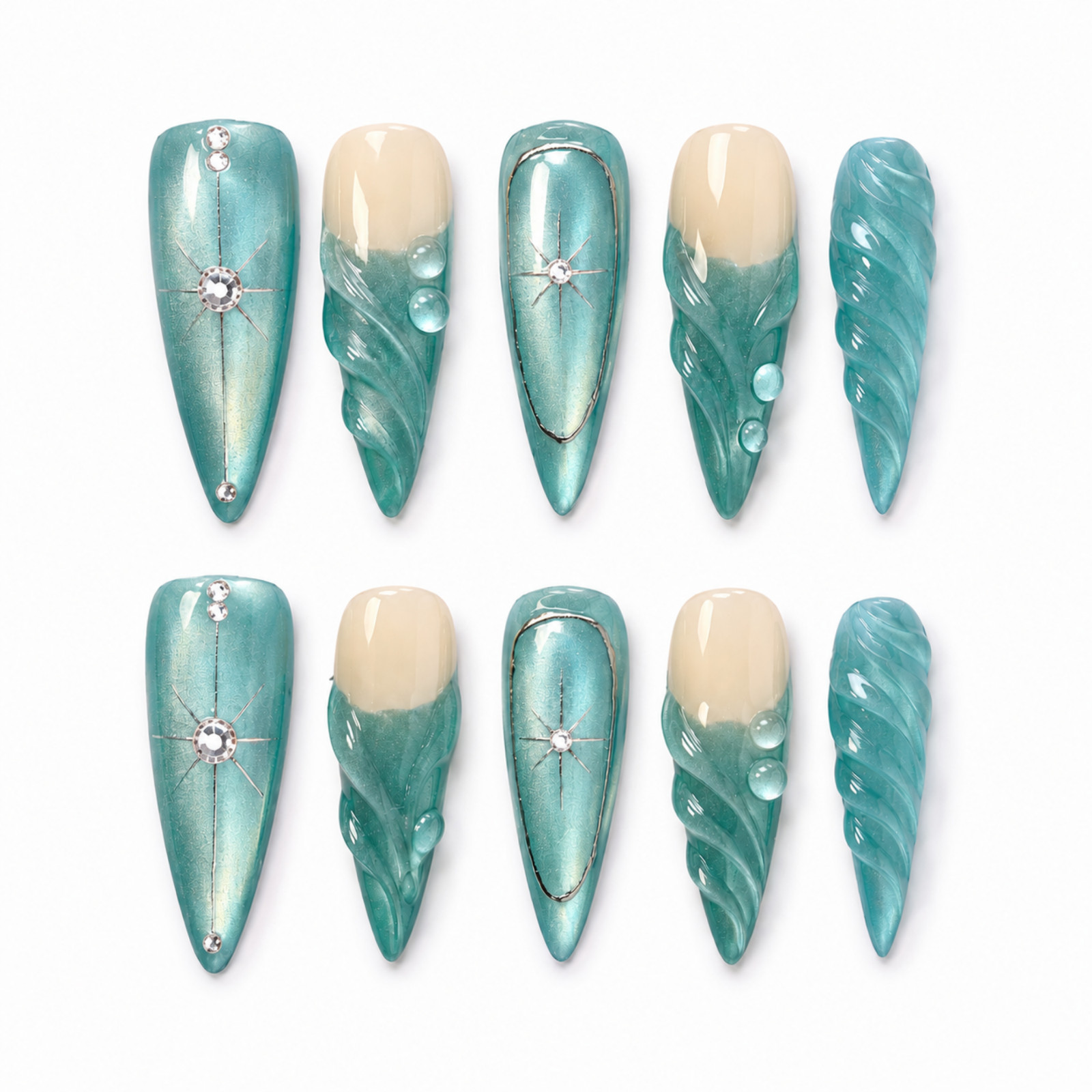 Handmade Aqua Teal Nude 3D Wave Press On Nails Rhinestone Custom Set