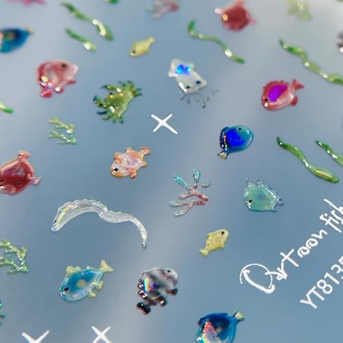 Ocean Fish Nail Stickers Self-Adhesive Cute Nail Decals Cartoon Seaweed Style 6