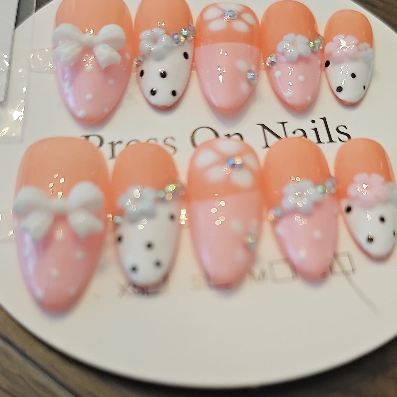 Press-On Nails Large Long Coffin Shiny 3D Floral Pink/Peach/White Set French