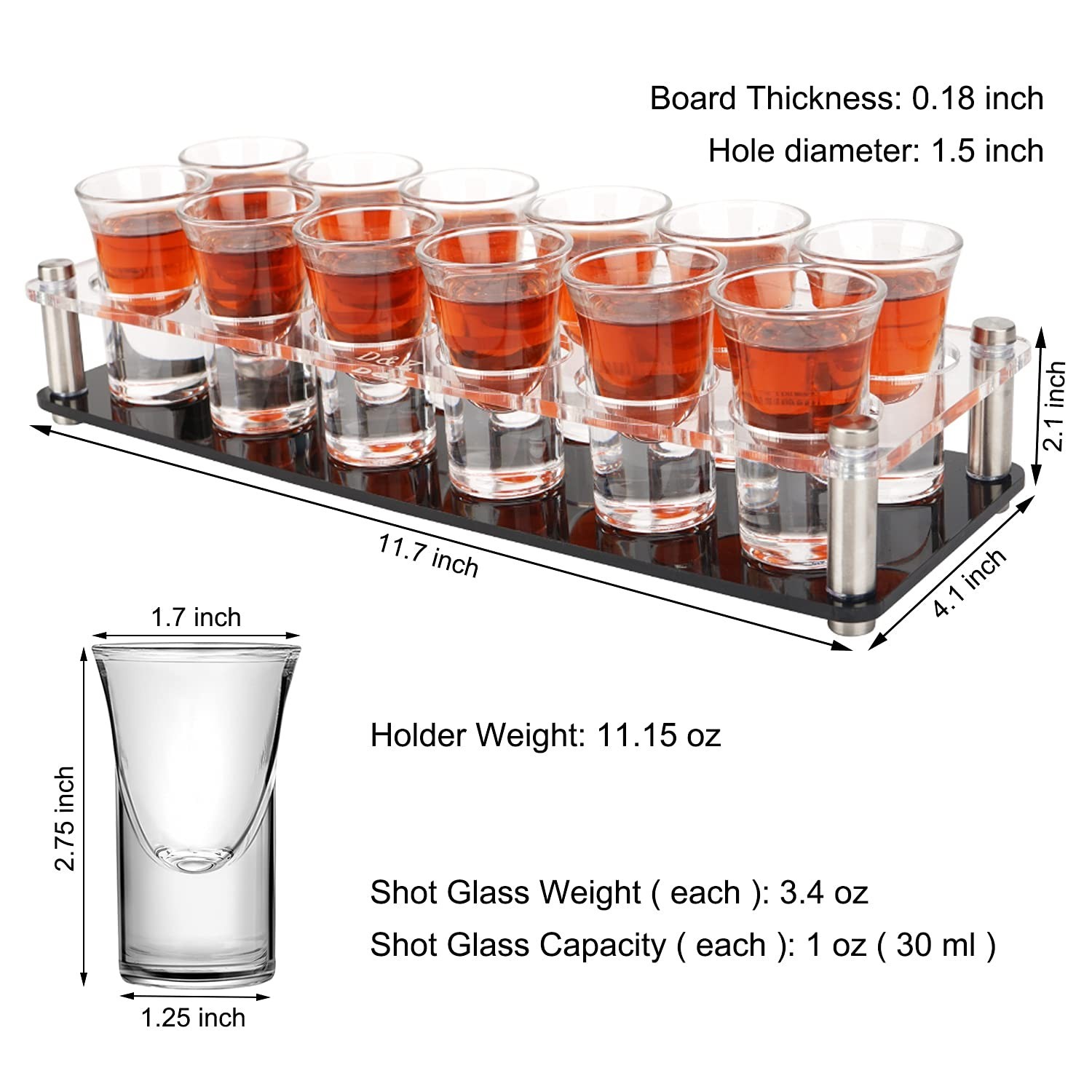 D&Z 1 Ounce Shot Glass Set with Tray, 12 Shot Glasses for Tequila/Vodka/Whisk…