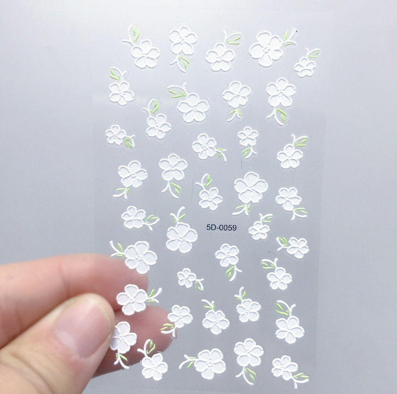 5D Nail Stickers White Pink Daisy Flowers Wedding Embossed Decal Nail Art NH27