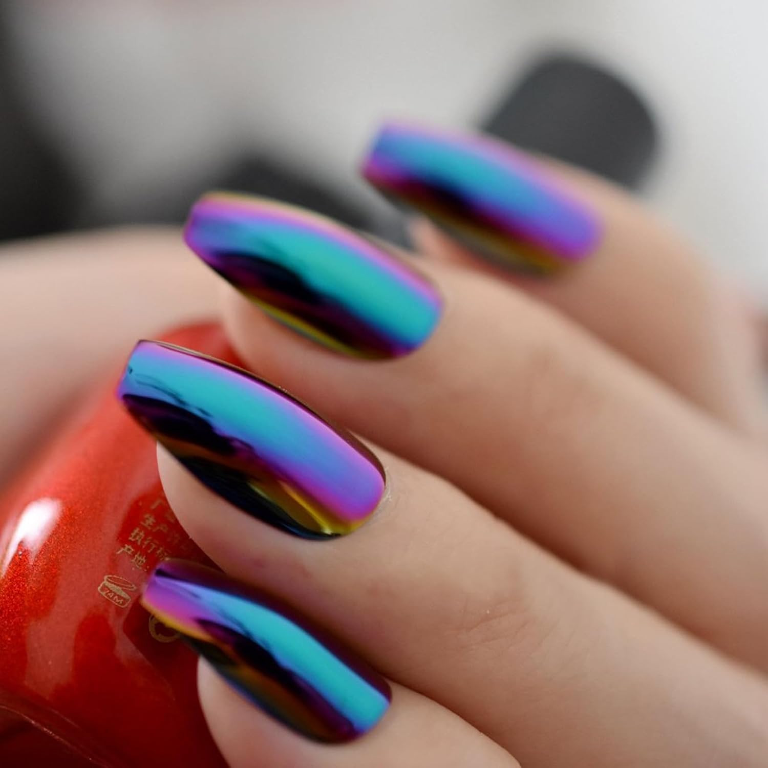 Super Holographic Blue Purple Coffin Nails Mirror Chrome Square Ladies Fake Nail