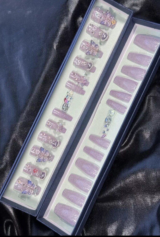 Handmade Gel Press On Nails, Purple Glitter Butterfly Includes Free Gifts❣️