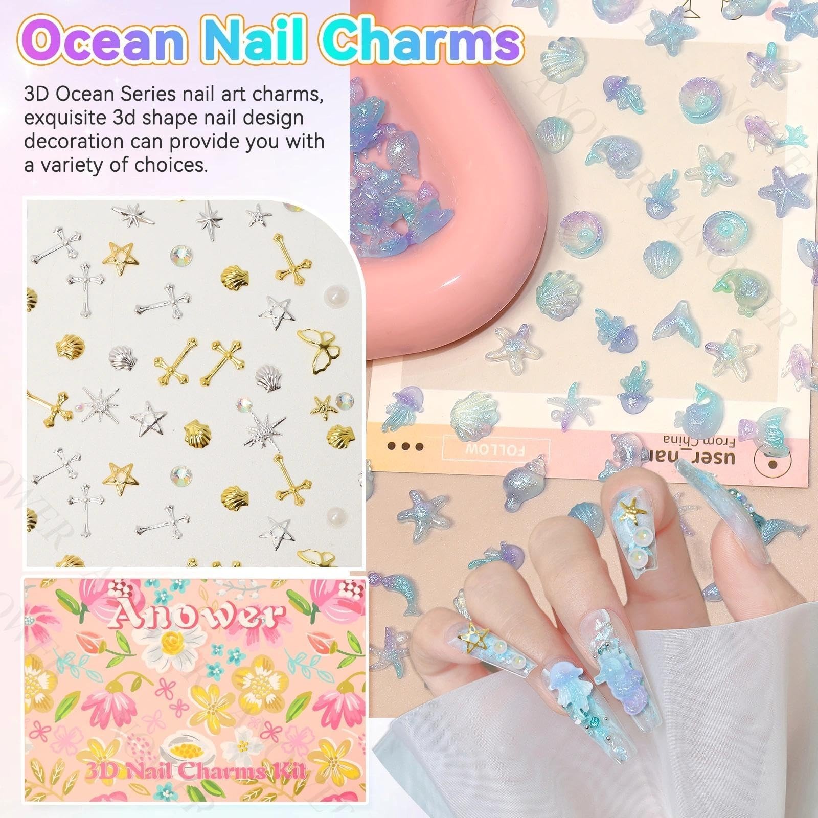 3 Boxes Nail Art Charms Kit, Ocean Series Seashells Nail Charms, Glass Flatba…