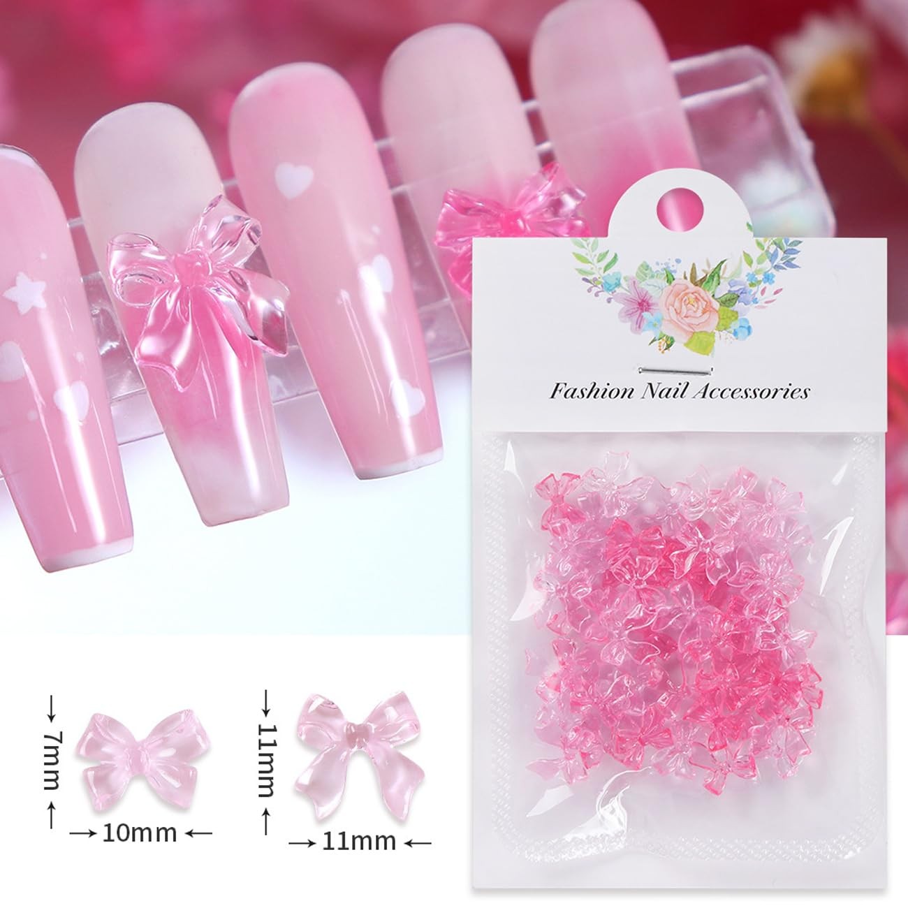 50Pcs Bow Nail Charms 3D Bow-Knot Nail Decals Nail Charms Pink Bowknot Resin …