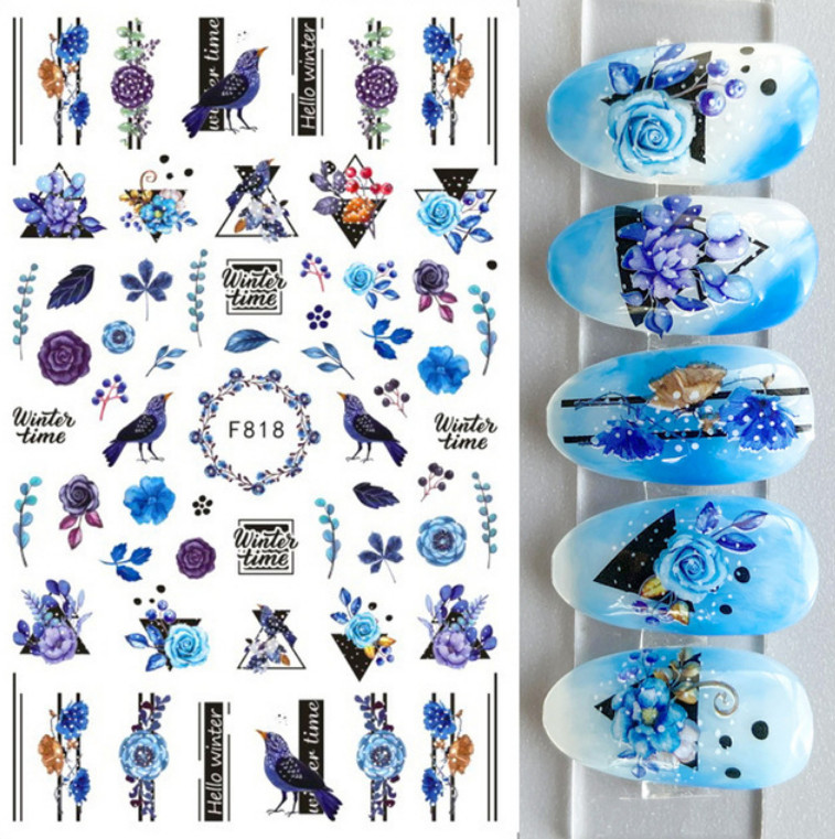 3D Nail Art Sticker Decal Robin Bird Winter Blue Flower Leaves F818 NH21