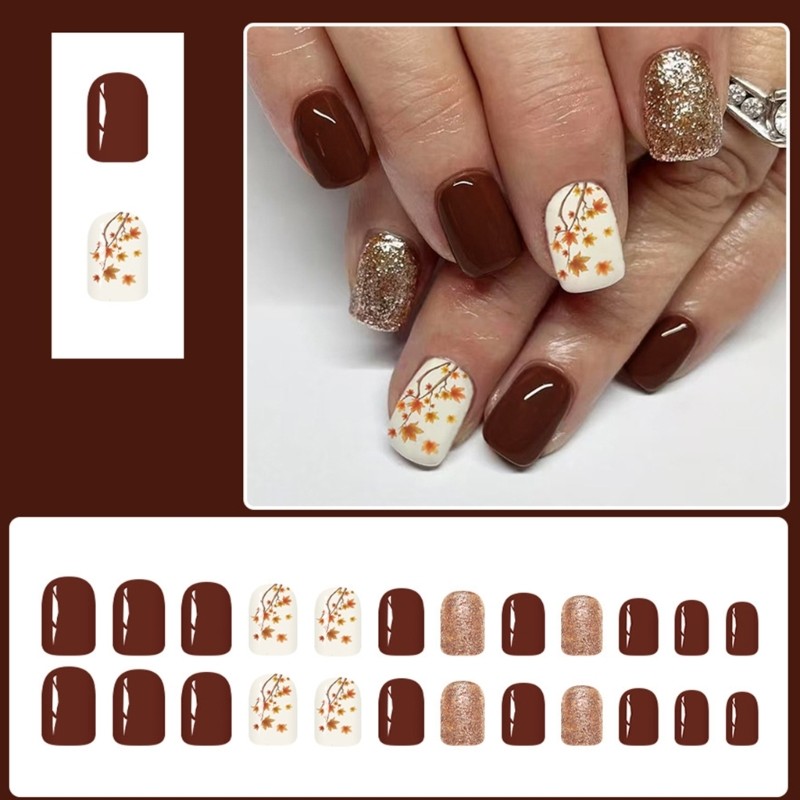 24pcs Short Square False Nail Glittering Maple Leaf Pattern Not Need Tools