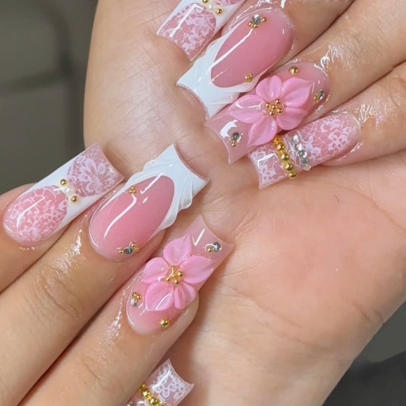 48Pcs Short Taper Press on Nails, Pink Lace Flower French Style Fake Nails