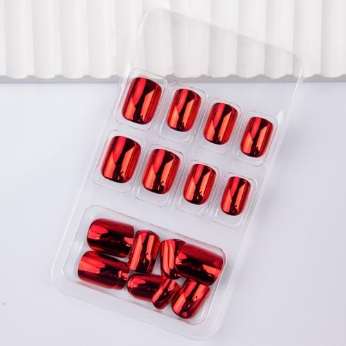 Red Press on Nails Short Square Fake Nails Wine Red Metal Chrome False Style 18