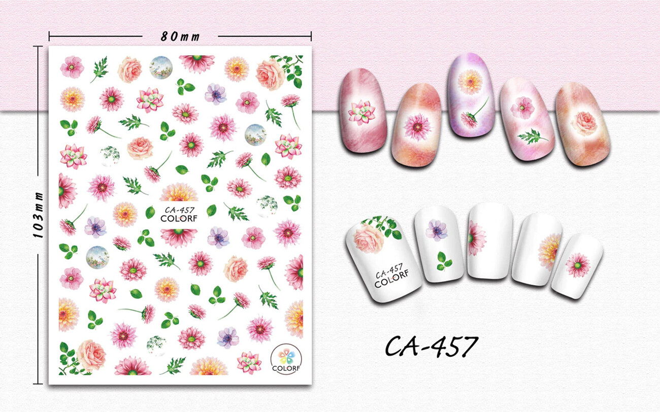 Nail art 3D stickers decal pink roses yellow purple flowers green leaves CA457