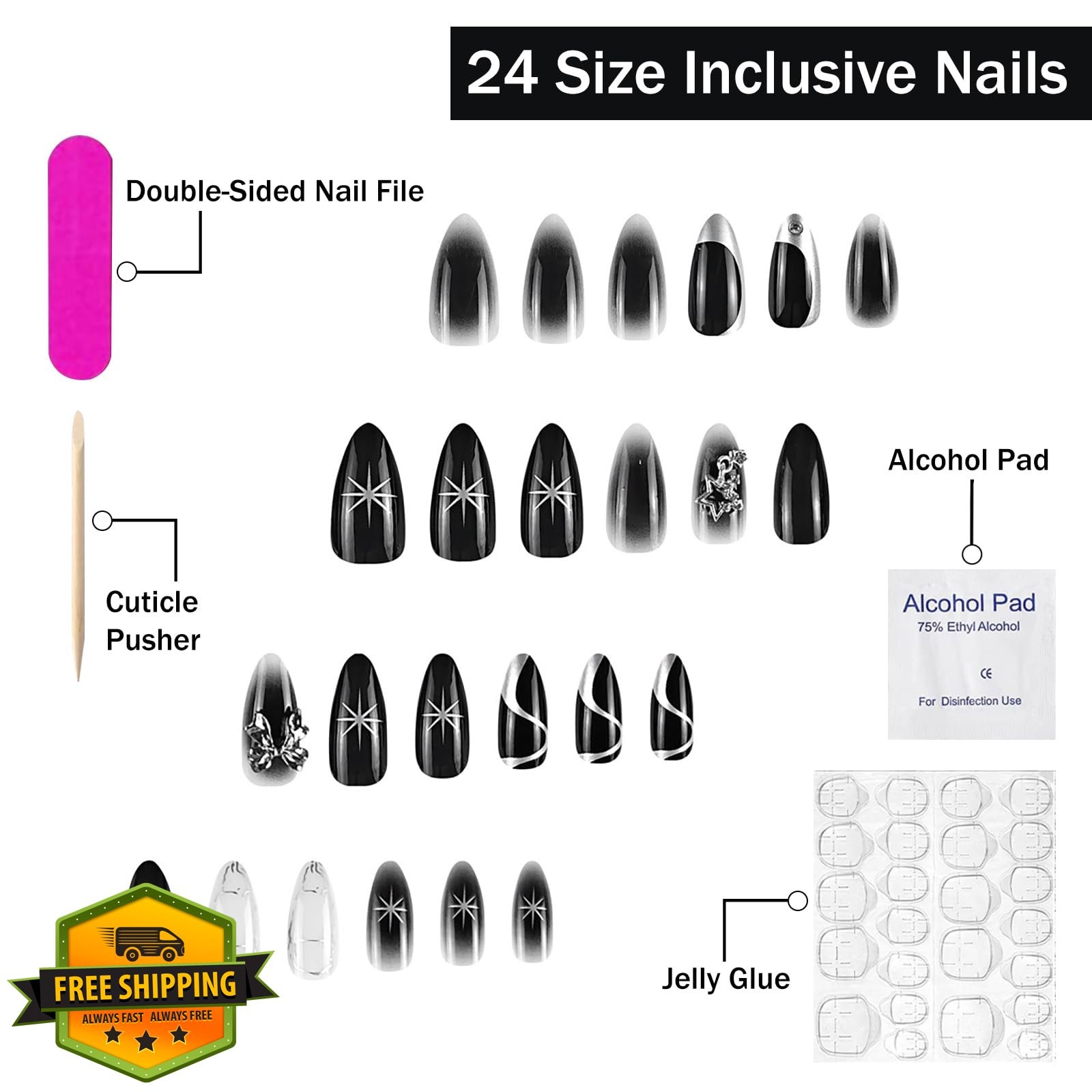 SWEKKE Black Ombre Almond Press on Nails