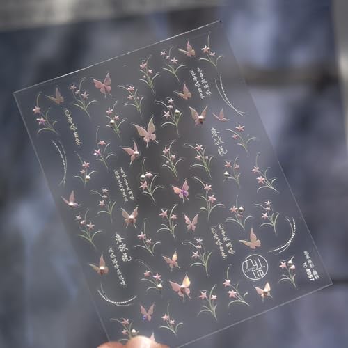 Pink Butterfly Nail Decals Stickers with 3D Pearl Design Spring Nail stickers10