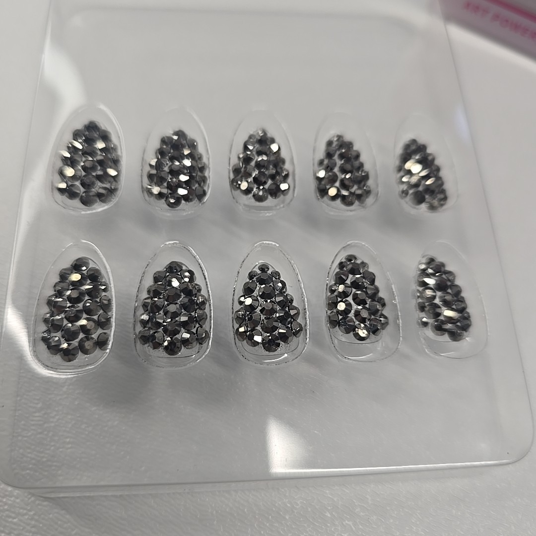 Press On Nail Kit Glam Rhinestone Metallic Silver Gray Glamour Nails Reusable