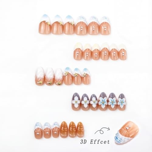 Summer Press on Nails – Short Almond Fake Nails – French Tip – Style 7