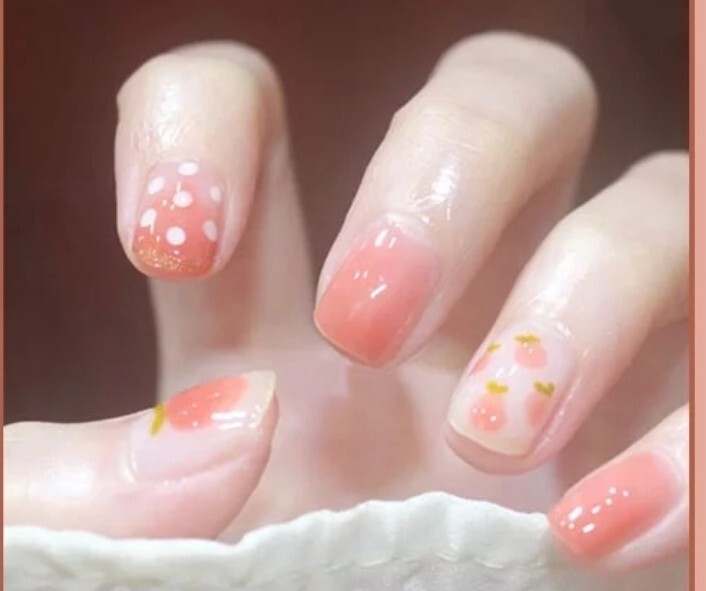 24 Peachy keen Short Press on nails kit w glue file Peach nude design kawaii