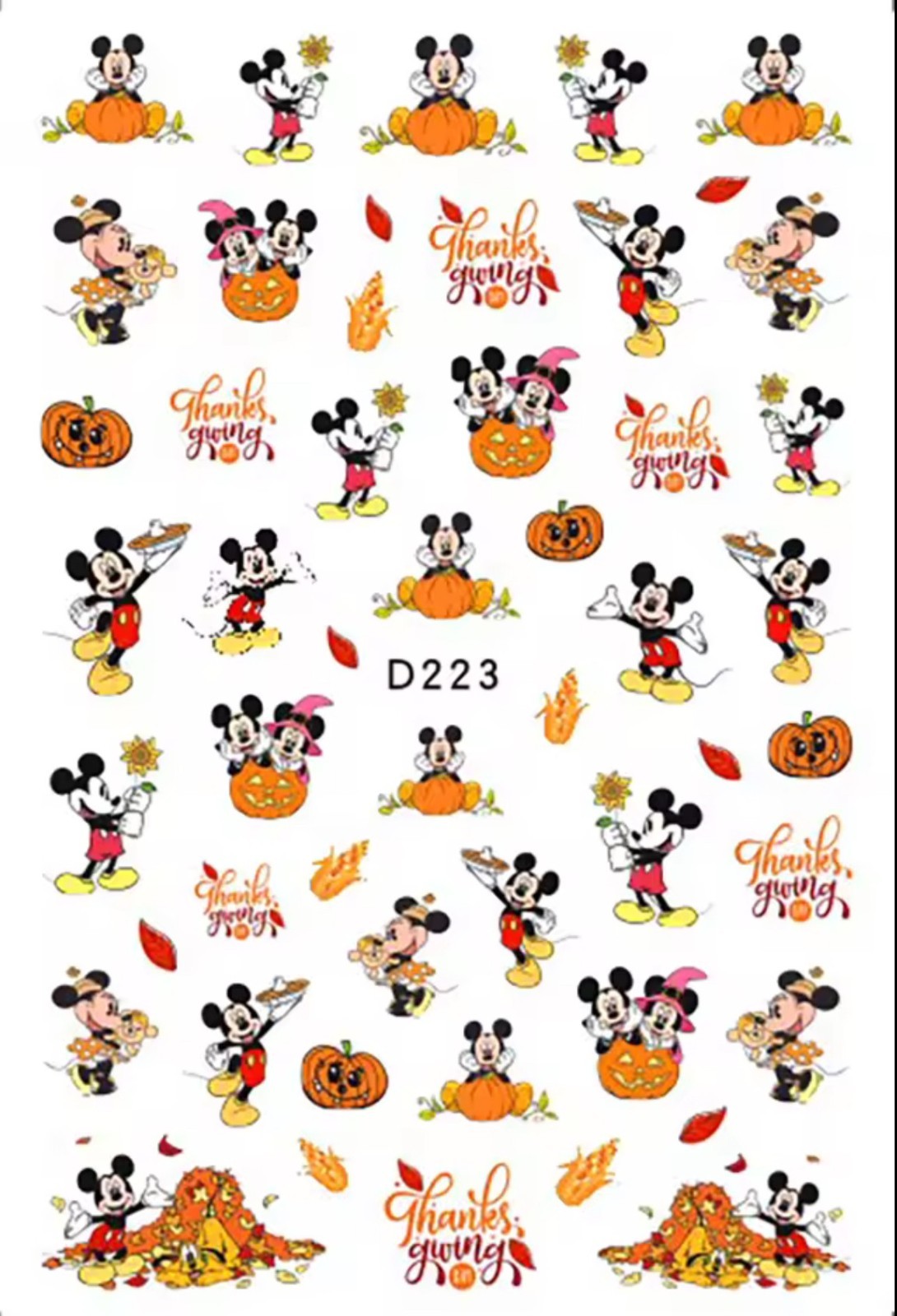 Nail Art Stickers Autumn Thanksgiving Mickey & Minnie Disney Cute Cartoon D223