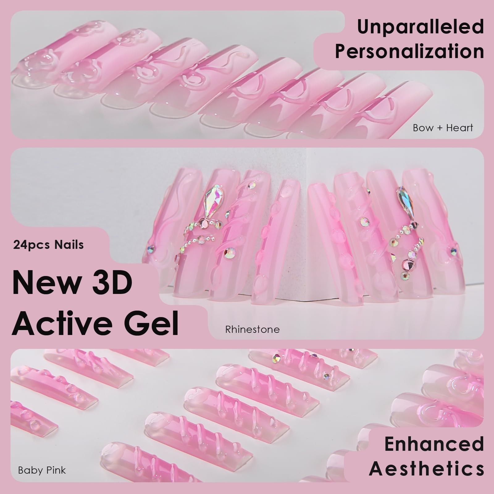 Pink Blush Floral Press On Nails Long Square Fake Nails 3d Gel Elegent Bow Ri…