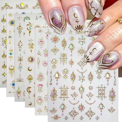 6 Sheets Bohemian Style Nail Decals Embossed Star Nail Art Stickers 5D bohemian
