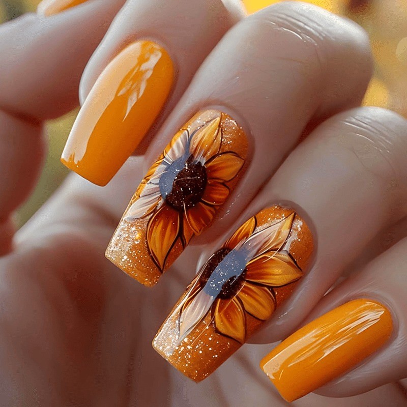 48 Warm Sunflower Hand Drawn Fake Nails – Removable Fake Nail Art