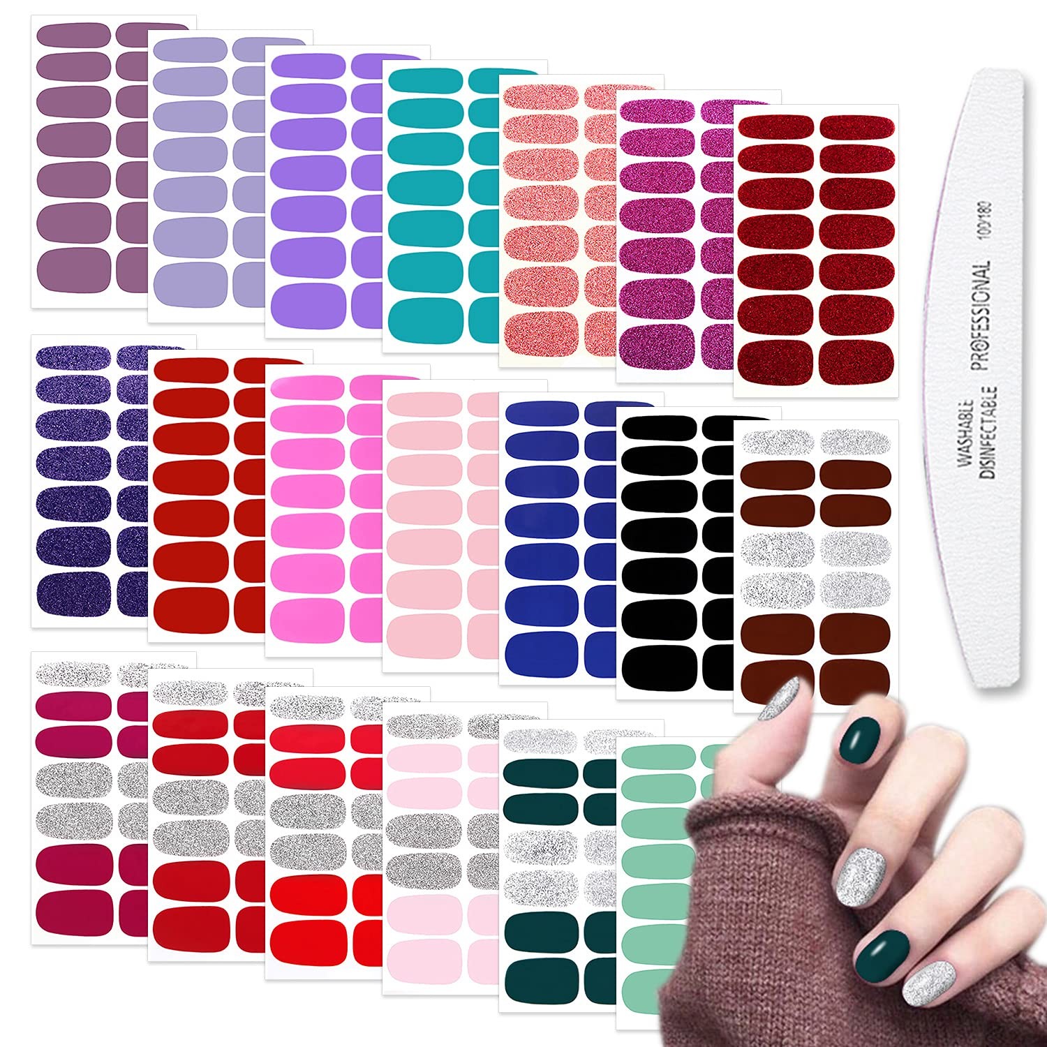 20 Sheets Nail Polish Strips Set 10pcs Solid Color Nail Strips and 10pcs Glit…
