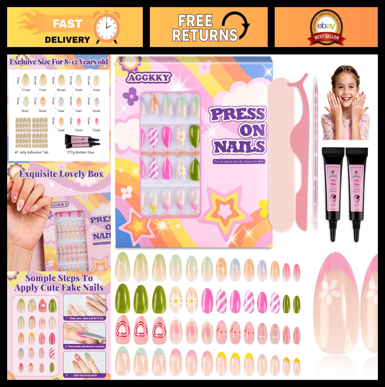 104 Pcs Kids Press-On Nails Set – 4 Pack Artificial Fake Nails for Girls, Nail A