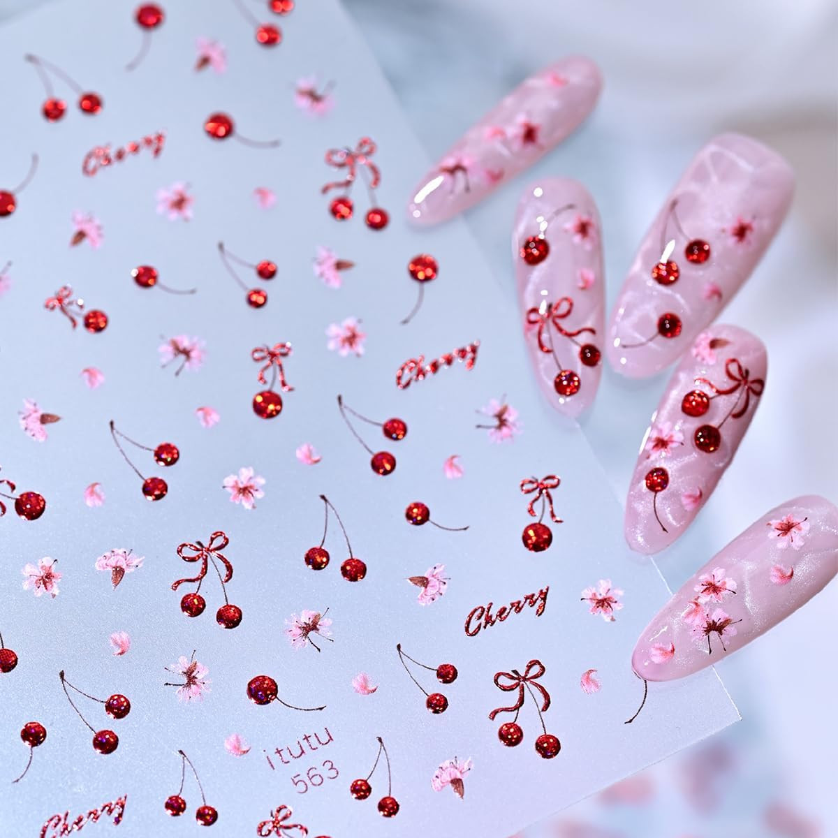 Red Cherry Nail Art Stickers 1 Sheet Self-Adhesive 5D Embossed Cherry Blossom Bo