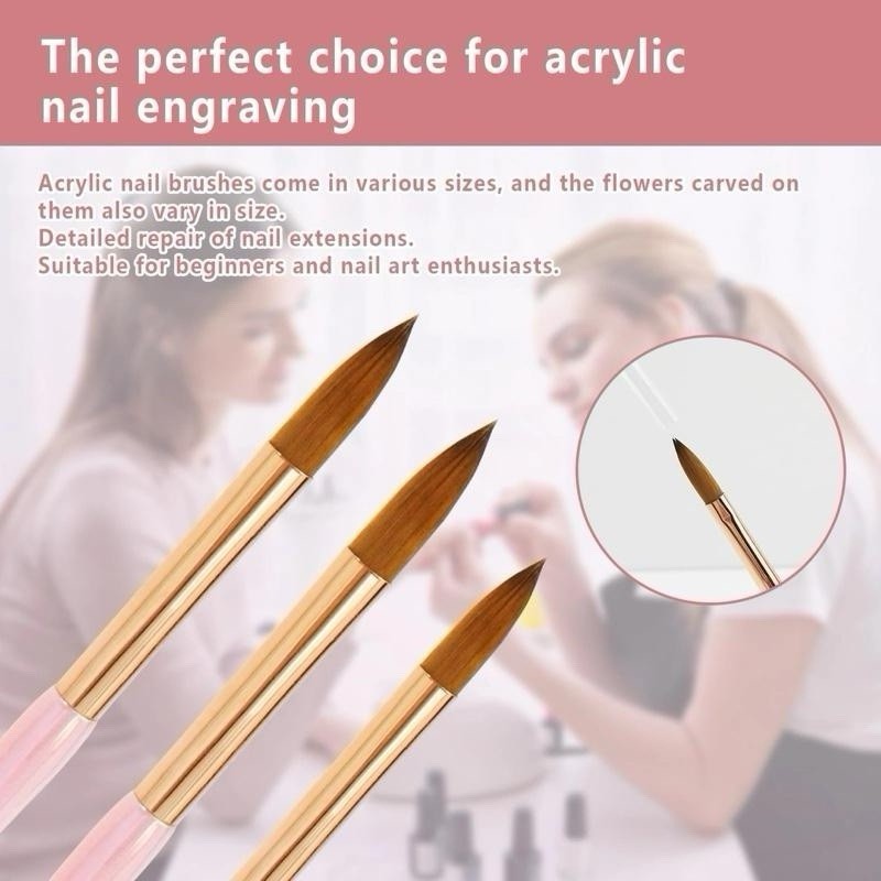 3Pcs Acrylic Nail Brush Set Size 8/10/14 Professional Brushes Pink Long Handle