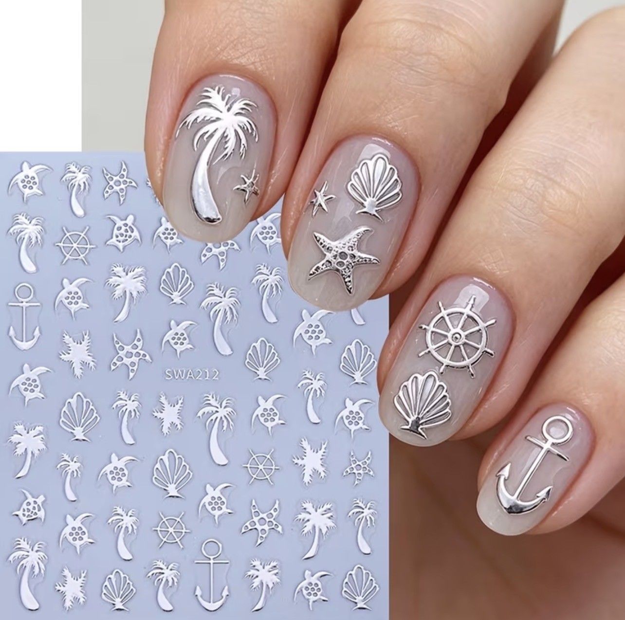 Summer Beach Nail Art Stickers Gold Silver Palm Tree Shell Turtle Anchor SWA212