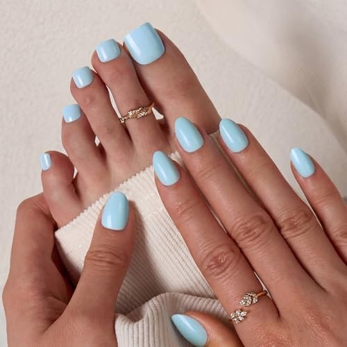 Light Blue Short Square Press-On Toenails – Easy Application, 30 Nails, 15 Sizes