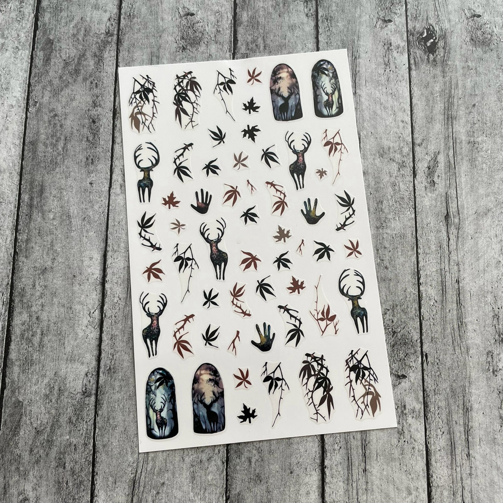 Brown Autumn Leaves Deer Nail Sticker Dark Brown Fall Leaves Branch Deer