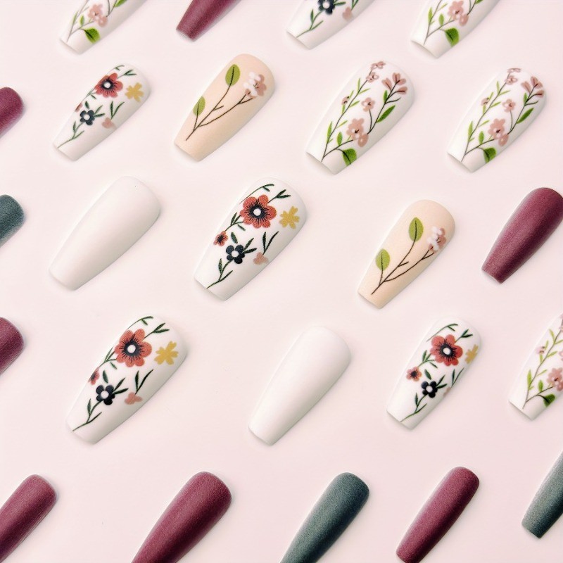 48PCS Side Women’s Nail White Series Brown Red Line Ballet Shaped Fake Nail Art