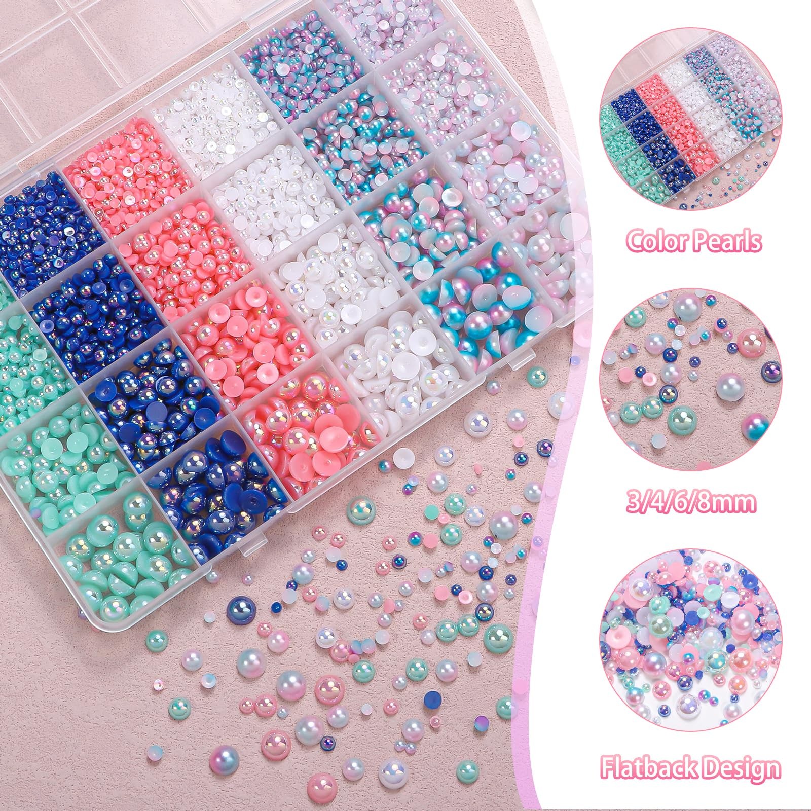 9000Pcs Blue Mermaid White Pink Flatback Pearls 3 mm, 4 6 8 Set-4