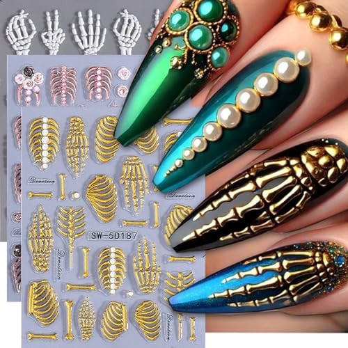 3Sheets Halloween Skeleton Nails Stickers Embossed Flower Skull Hand Bone Rose
